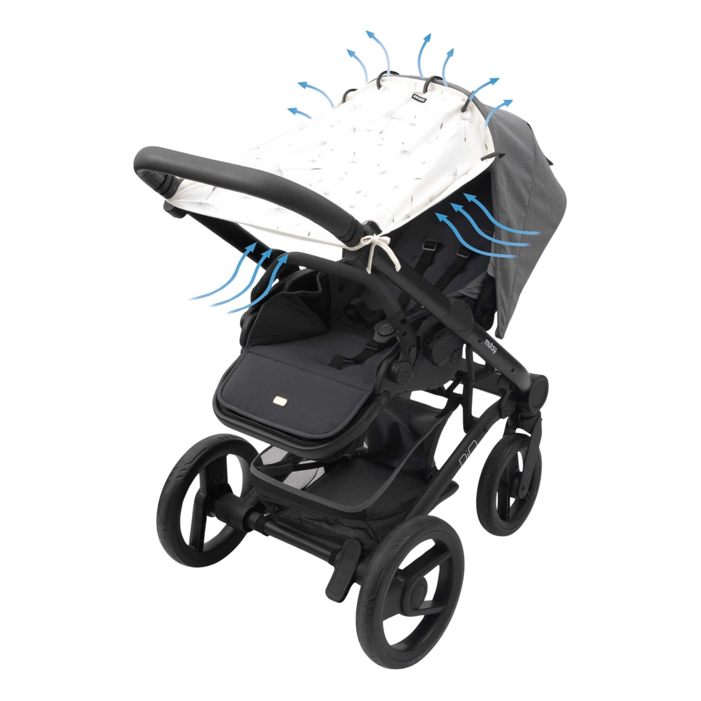 A pushchair with a dandelion sunshade fully extended across the canopy. Blue arrows indicate airflow and breathability through the top and sides.