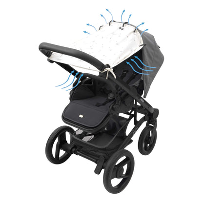 A pushchair with a dandelion sunshade fully extended across the canopy. Blue arrows indicate airflow and breathability through the top and sides.