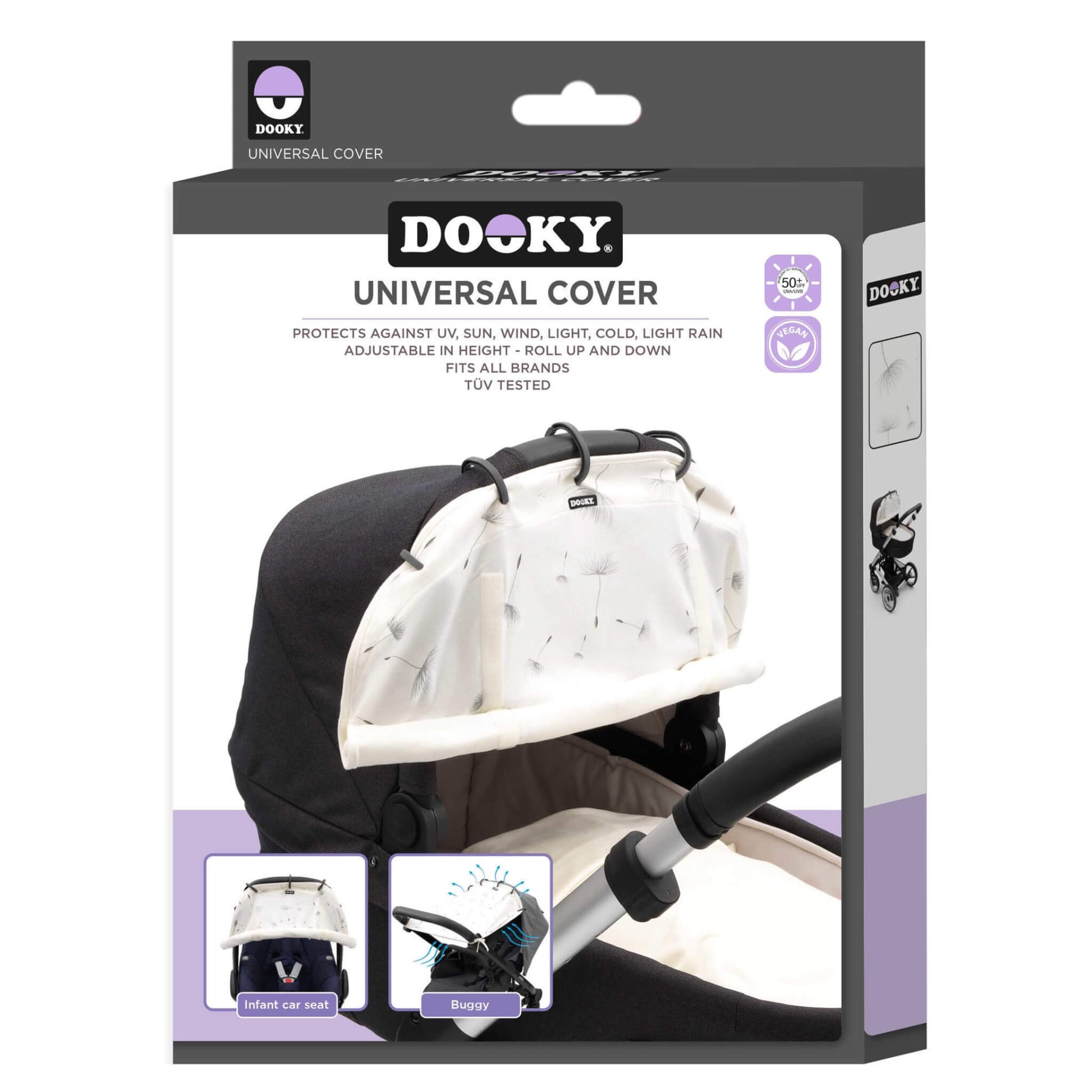 Retail packaging for the Dooky Universal Cover in Dandelion print. The box shows the product attached to a pram and highlights key features on the front.