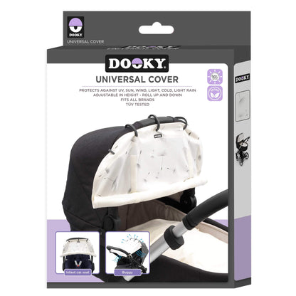 Retail packaging for the Dooky Universal Cover in Dandelion print. The box shows the product attached to a pram and highlights key features on the front.