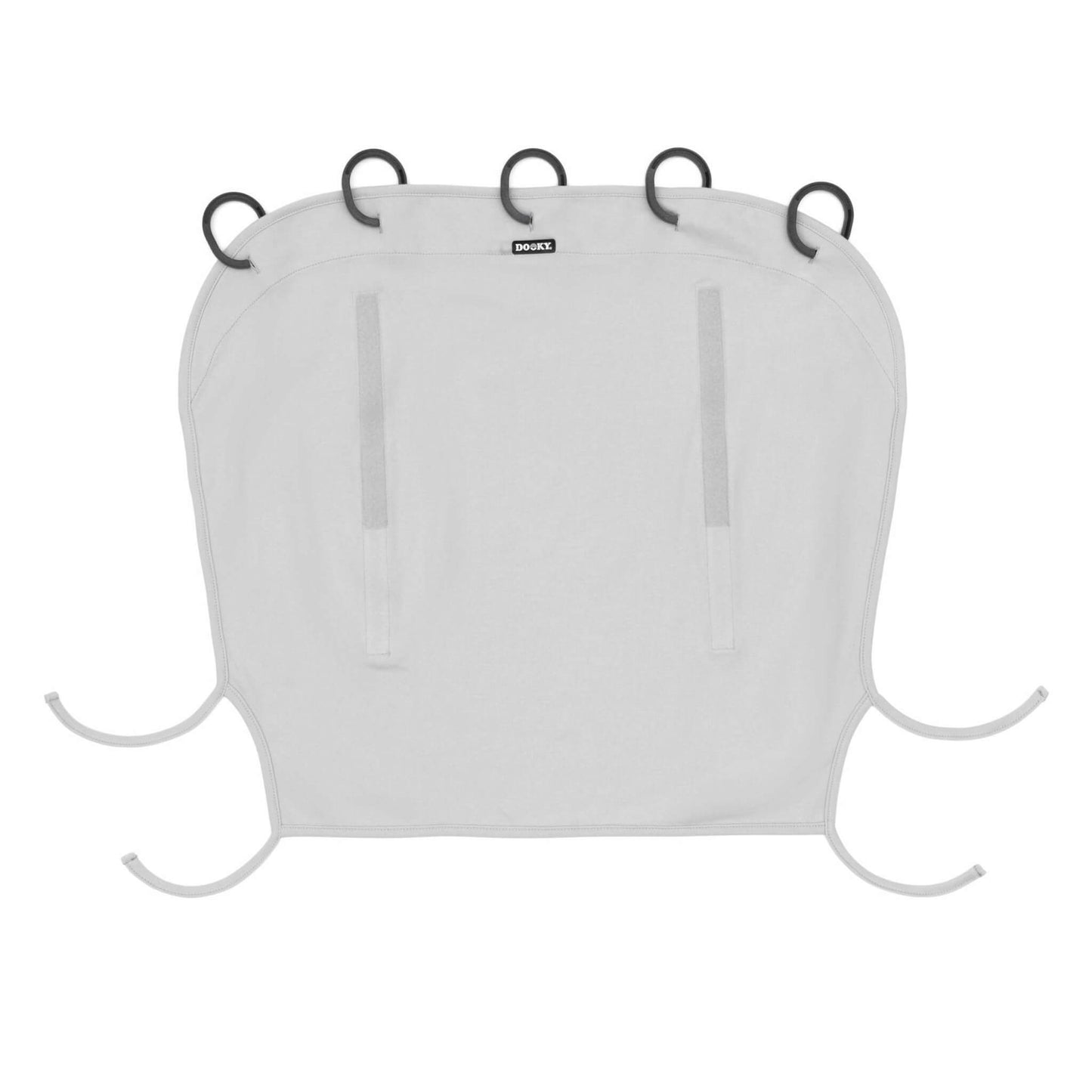 Dooky Sun Shade Grey shown flat with five black plastic rings, two vertical Velcro strips, and four corner tie-downs. 