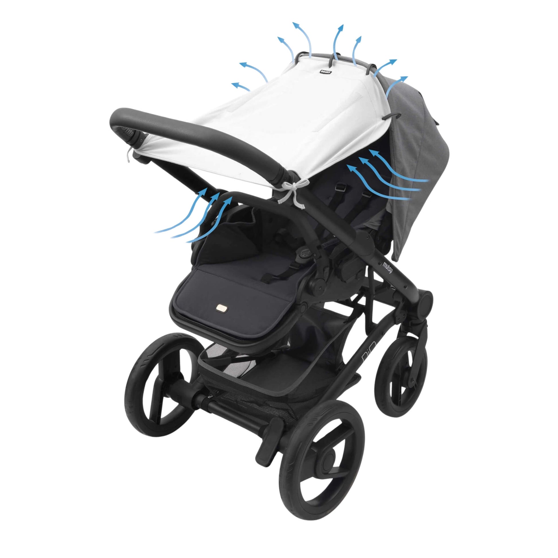 A stroller with a fully extended grey sunshade secured across the canopy. Blue arrows indicate airflow moving through the top and sides of the fabric.