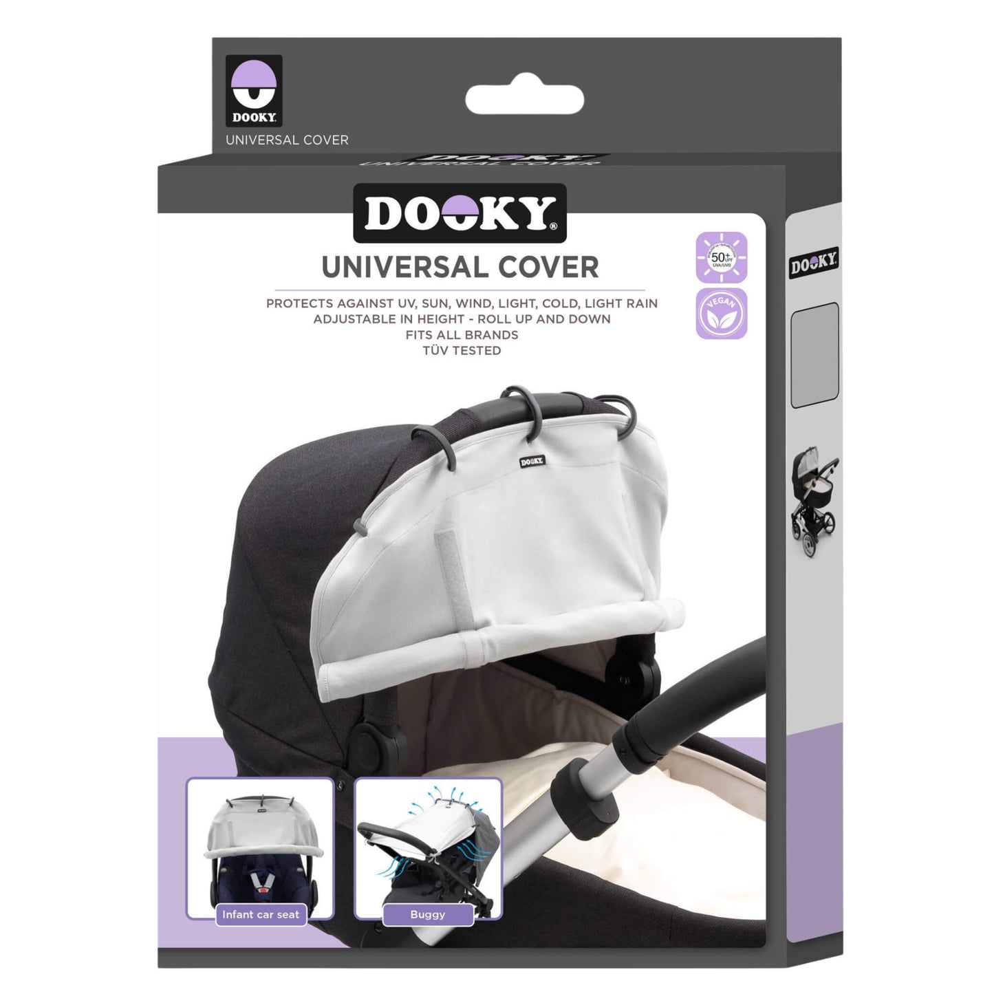 Retail packaging for the Dooky Universal Cover in Grey. The box shows the shade fitted to a pram and lists key features including sun protection and universal fit.
