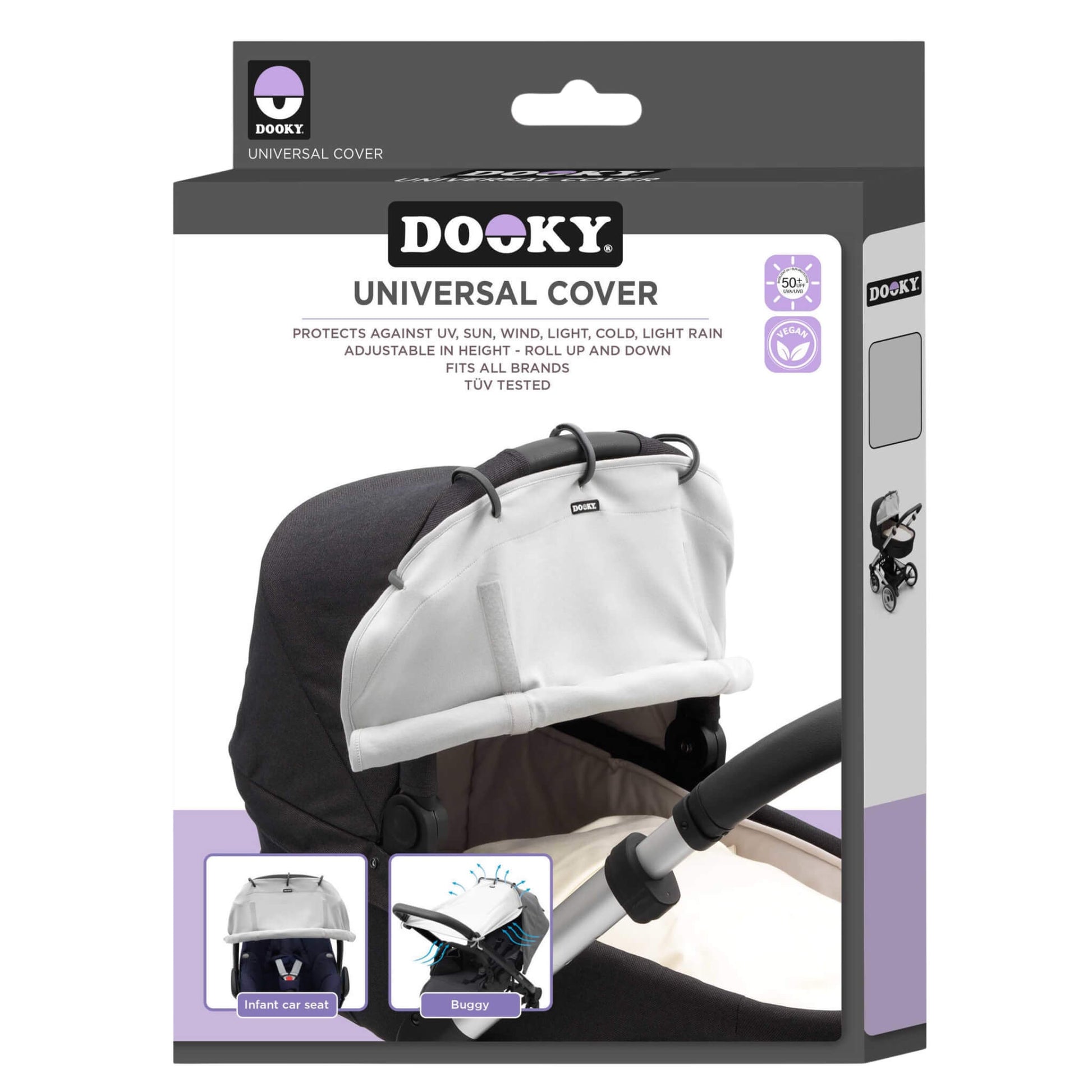Retail packaging for the Dooky Universal Cover in Grey. The box shows the shade fitted to a pram and lists key features including sun protection and universal fit.
