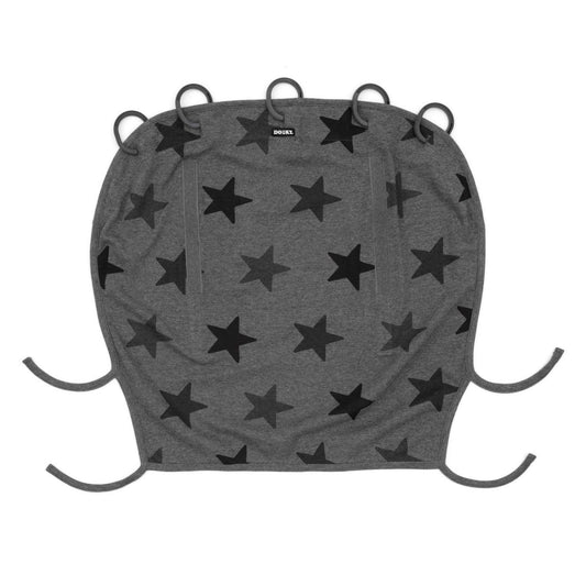 Dooky Sun Shade Grey Stars print shown flat with five black plastic rings, two vertical Velcro strips, and four corner tie-downs.