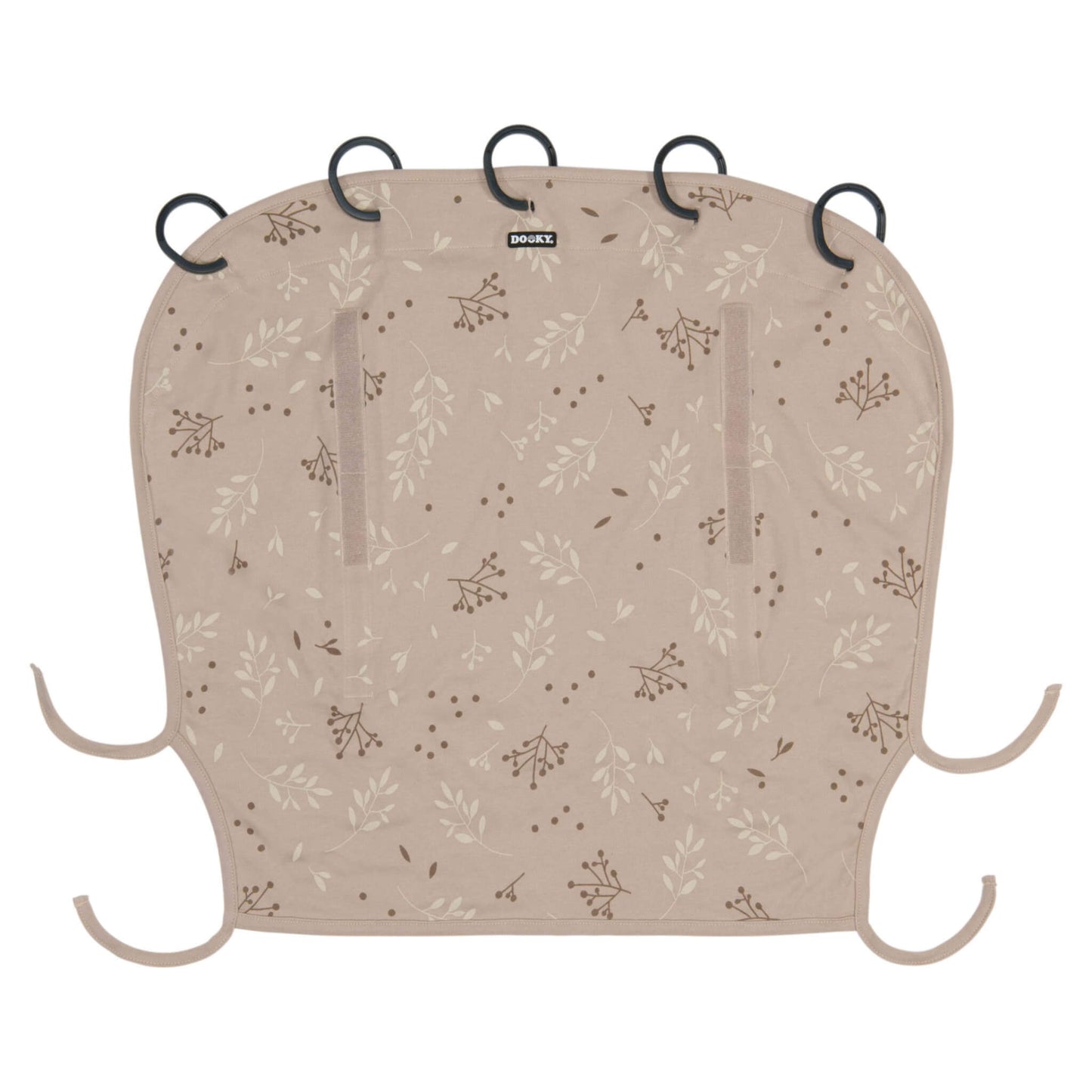 A fabric sunshade with small leaf and berry illustrations, five black plastic rings along the top edge and tie straps at the bottom corners.