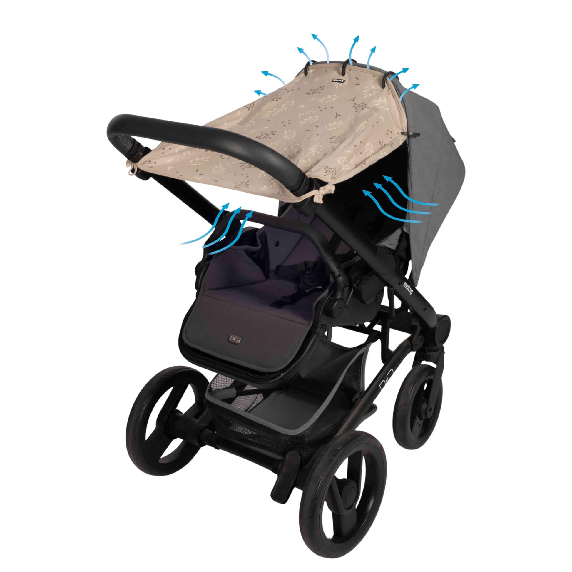 A leaf-patterned sunshade clipped to a forward-facing pushchair canopy, with blue airflow graphics added to show ventilation.