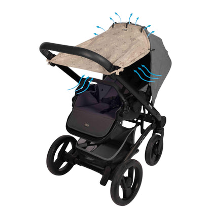 A leaf-patterned sunshade clipped to a forward-facing pushchair canopy, with blue airflow graphics added to show ventilation.
