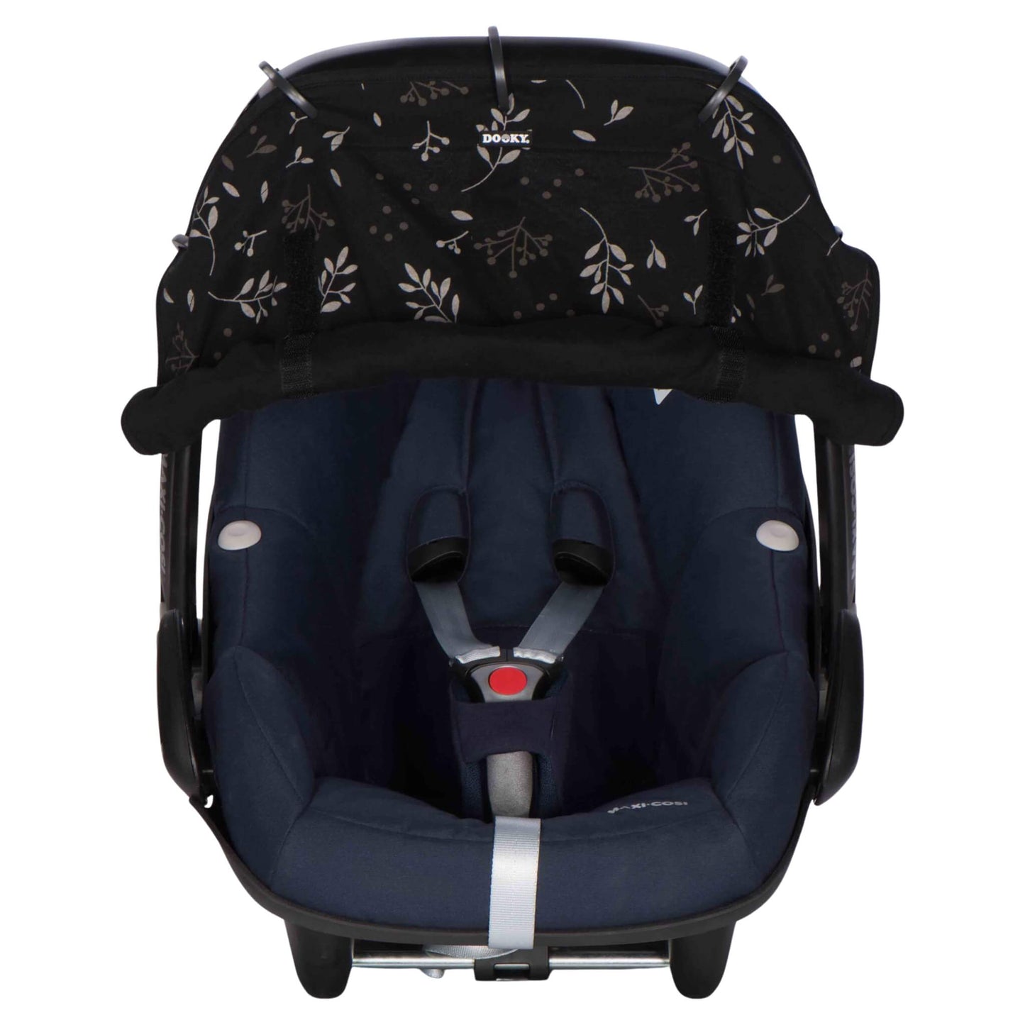 A dark baby car seat fitted with a black leaf-patterned sunshade secured along the canopy using five rings, with the lower edge softly gathered and velcroed at the sides.