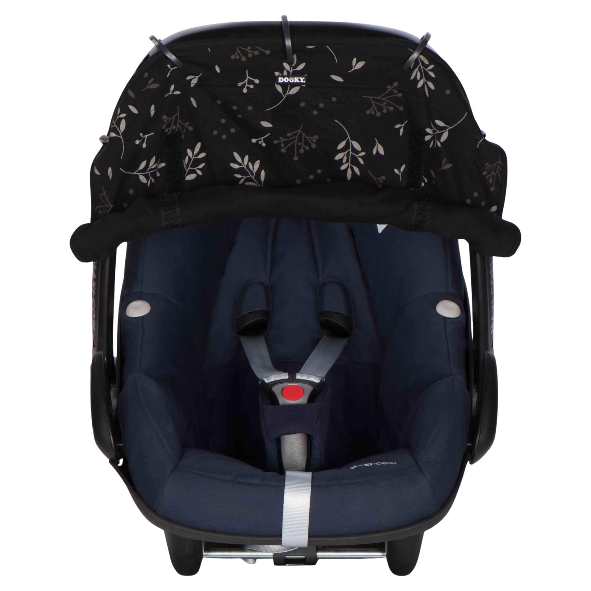 A dark baby car seat fitted with a black leaf-patterned sunshade secured along the canopy using five rings, with the lower edge softly gathered and velcroed at the sides.