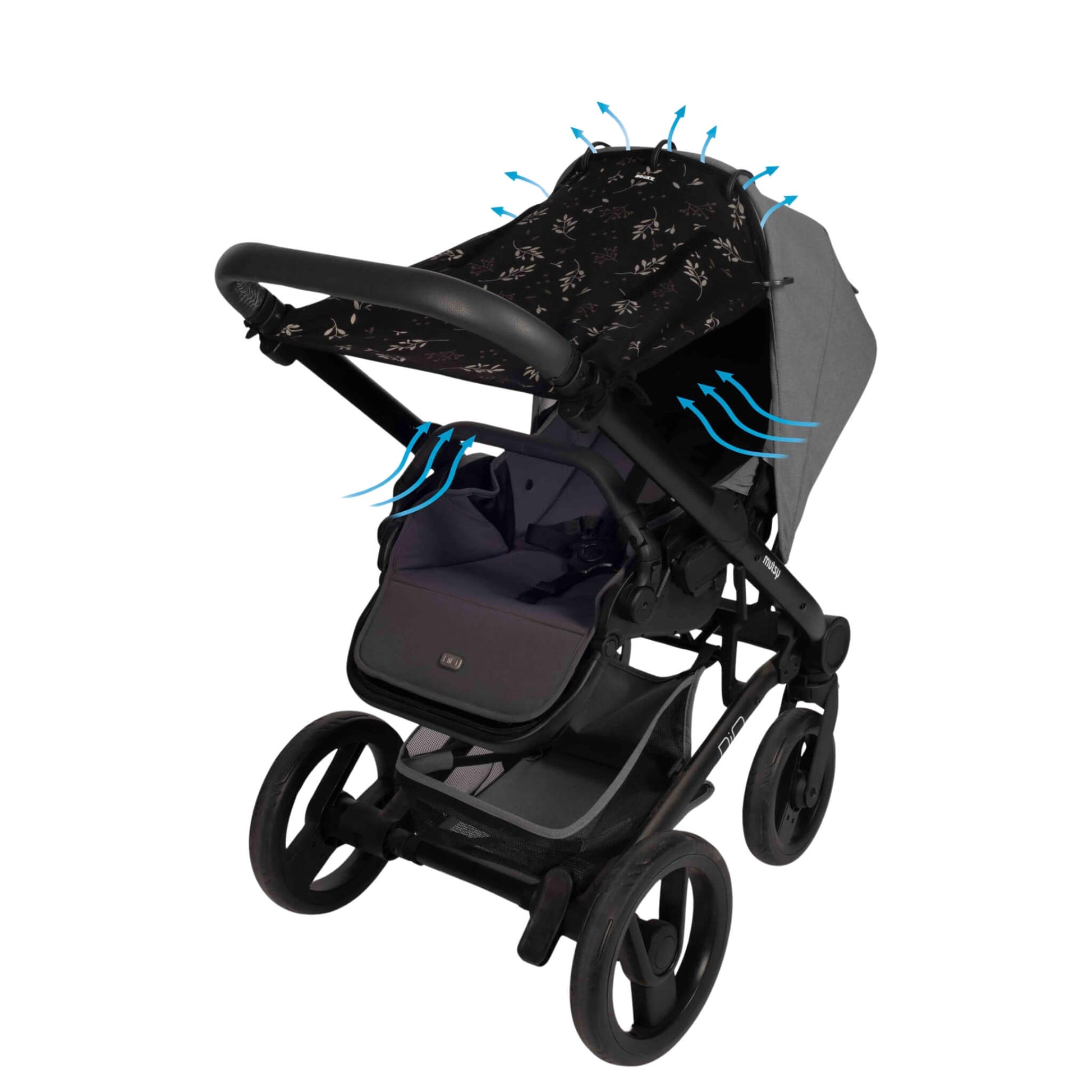 A black leaf-patterned sunshade stretched over a grey stroller hood, with ventilation arrows indicating airflow through the sides and top of the canopy.