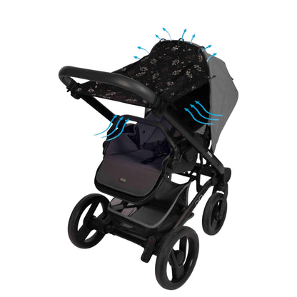 A black leaf-patterned sunshade stretched over a grey stroller hood, with ventilation arrows indicating airflow through the sides and top of the canopy.