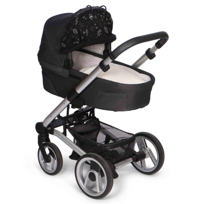 A black pram with a carrycot covered by a softly draped black sunshade in a leaf pattern, secured with rings across the front edge of the hood.