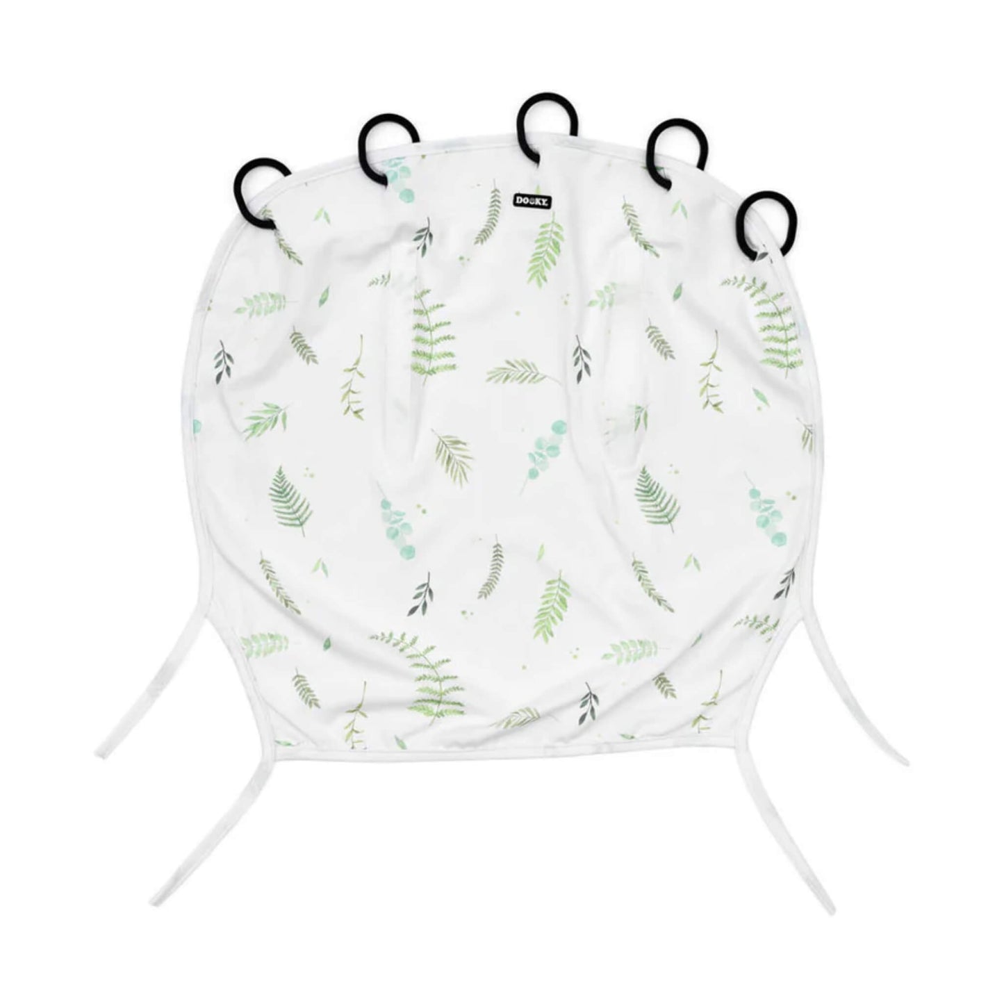 Dooky Sunshade in Tuscany with soft green leaf print, laid flat to show the five black attachment rings along the top and two fabric ties at the bottom.