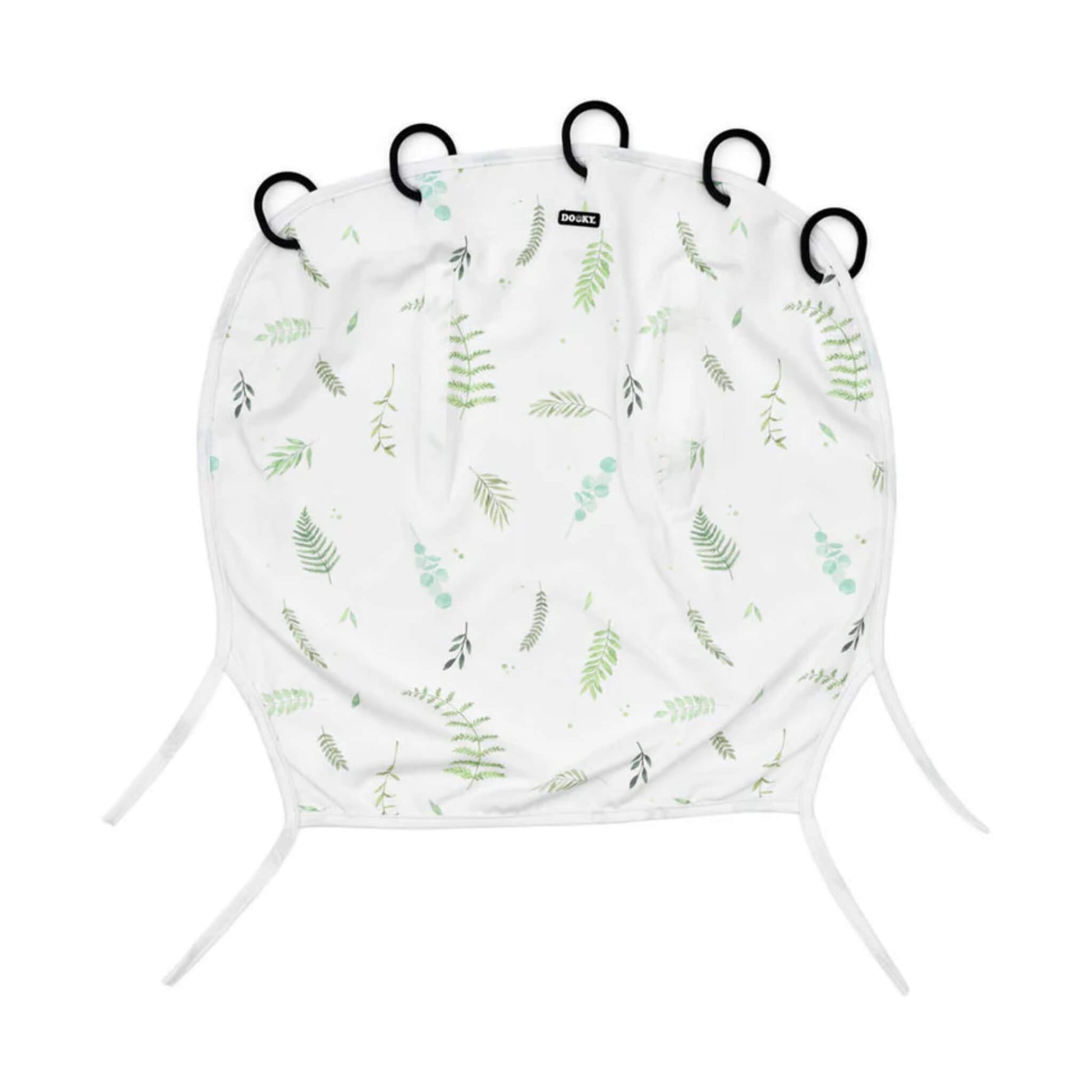 Dooky Sunshade in Tuscany with soft green leaf print, laid flat to show the five black attachment rings along the top and two fabric ties at the bottom.