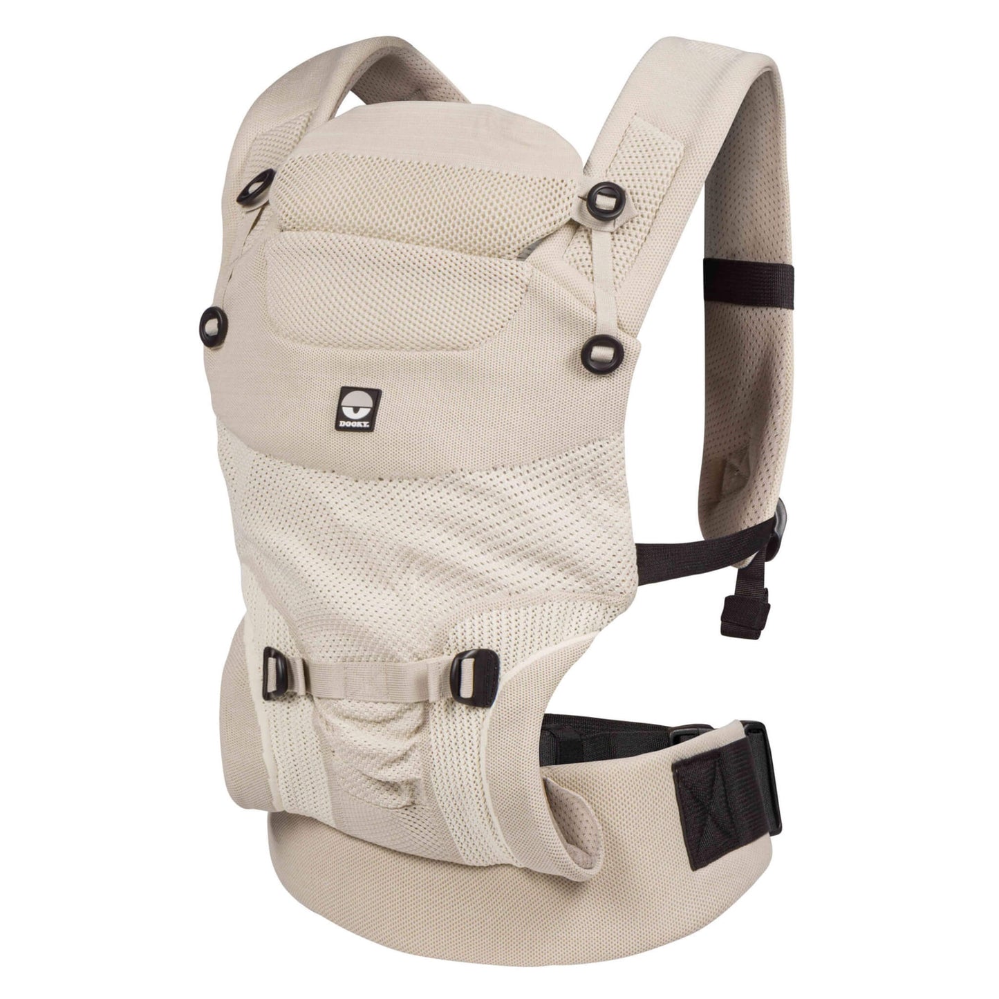 Dooky Terra Nova Baby Carrier in Beige, front view showing breathable knit fabric, padded shoulder straps and adjustable waist belt.