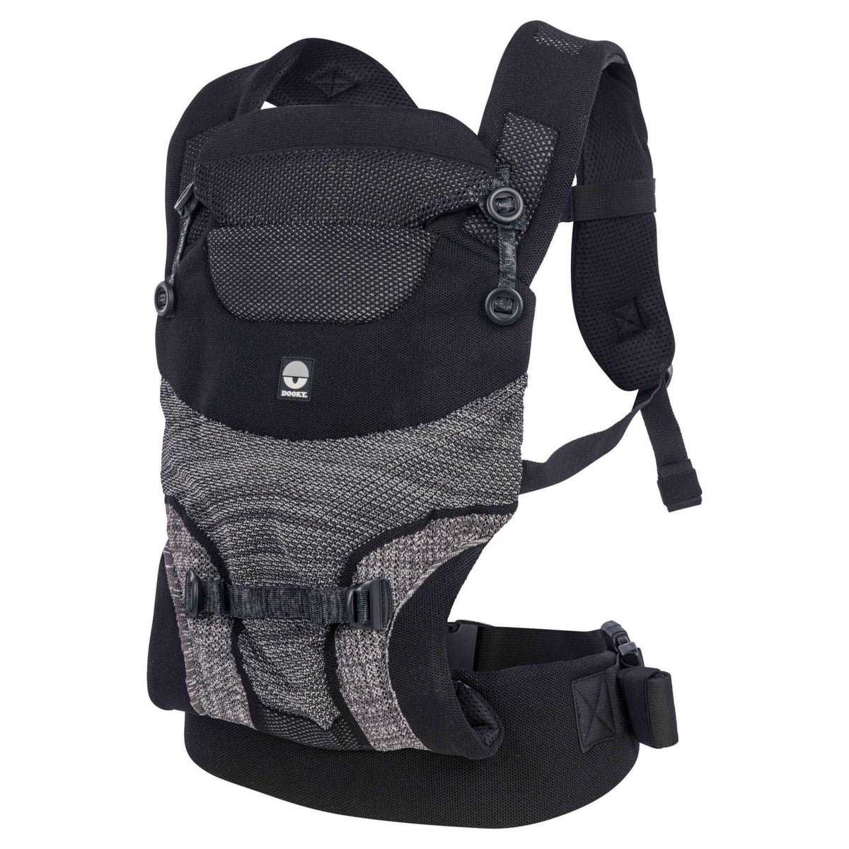 Dooky Terra Nova Baby Carrier in black, with breathable knit panels, padded shoulder straps and adjustable waist belt.