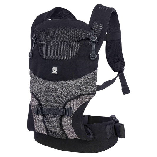 Dooky Terra Nova Baby Carrier in black, with breathable knit panels, padded shoulder straps and adjustable waist belt.