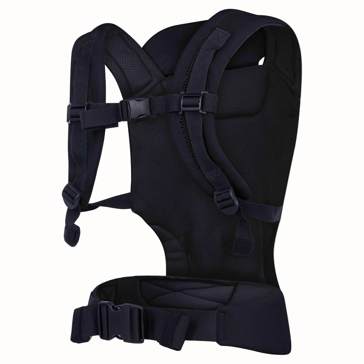 Rear view of a black baby carrier showing the padded shoulder straps, adjustable back strap and wide waist belt.