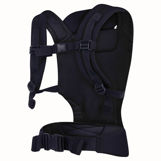 Rear view of a black baby carrier showing the padded shoulder straps, adjustable back strap and wide waist belt.
