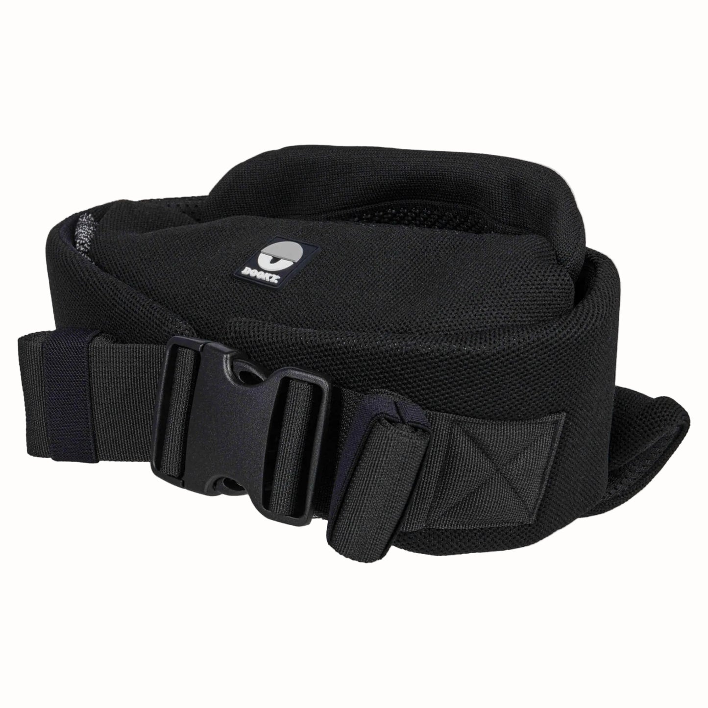Close-up of a padded black baby carrier waist belt with adjustable buckle fastening.