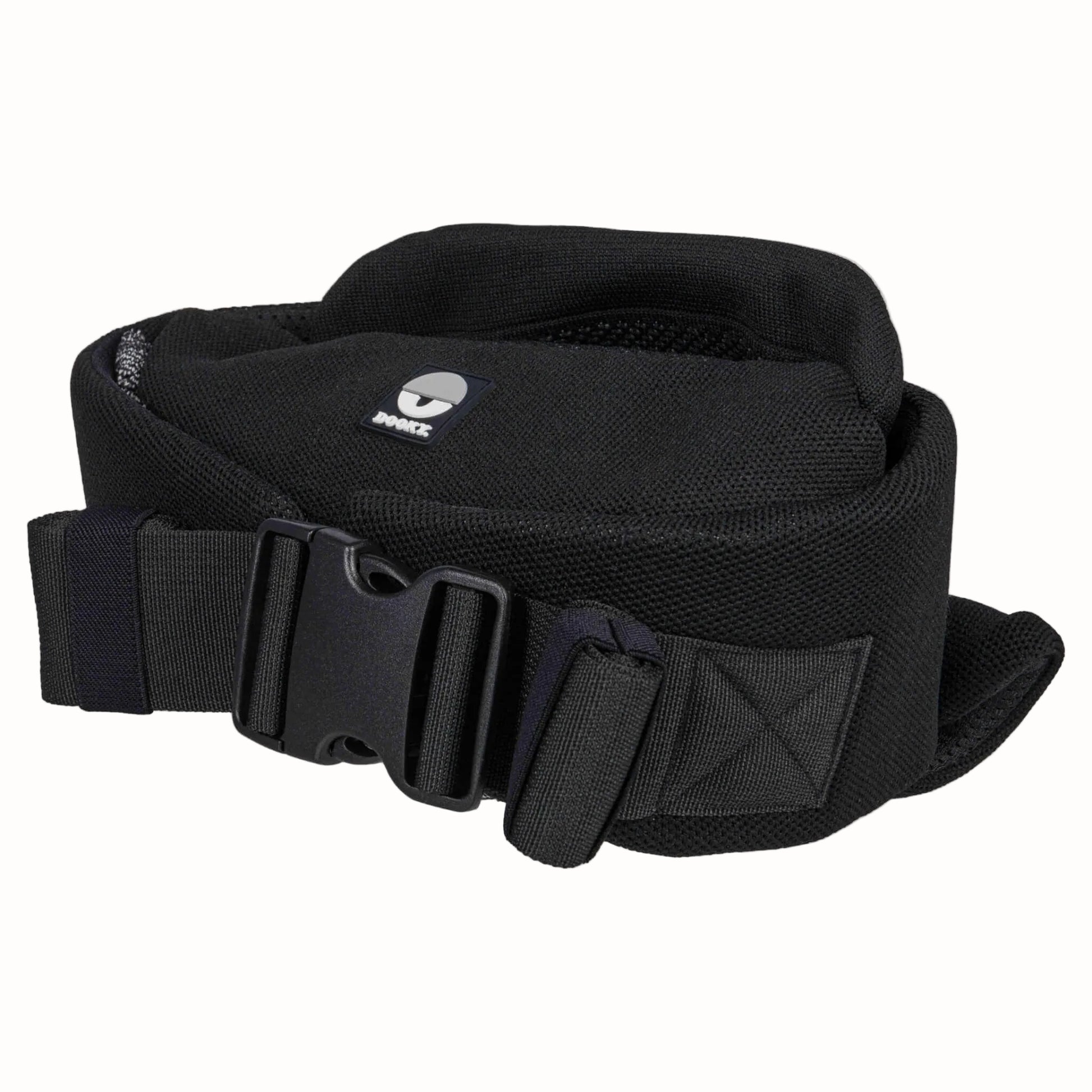 Close-up of a padded black baby carrier waist belt with adjustable buckle fastening.