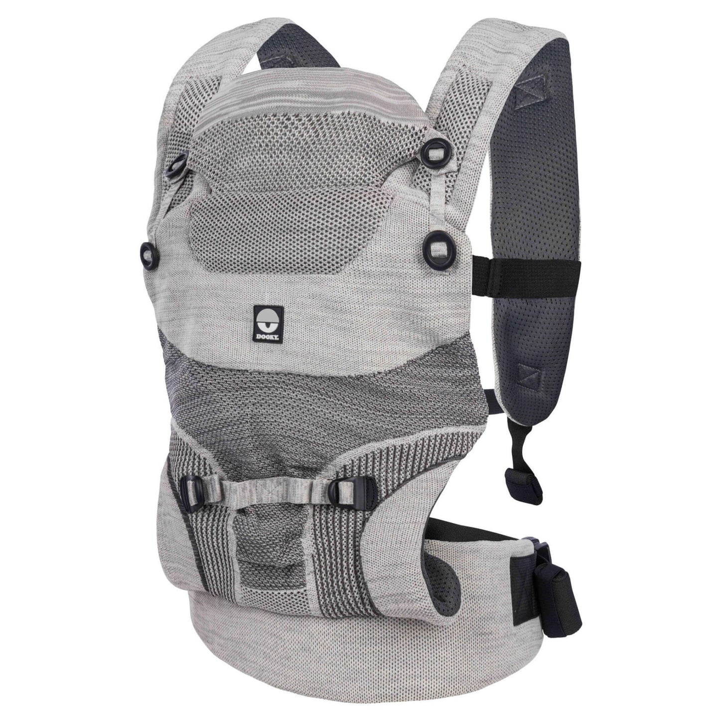 Dooky Terra Nova Baby Carrier in grey, with breathable knit panels, padded shoulder straps and adjustable waist belt.