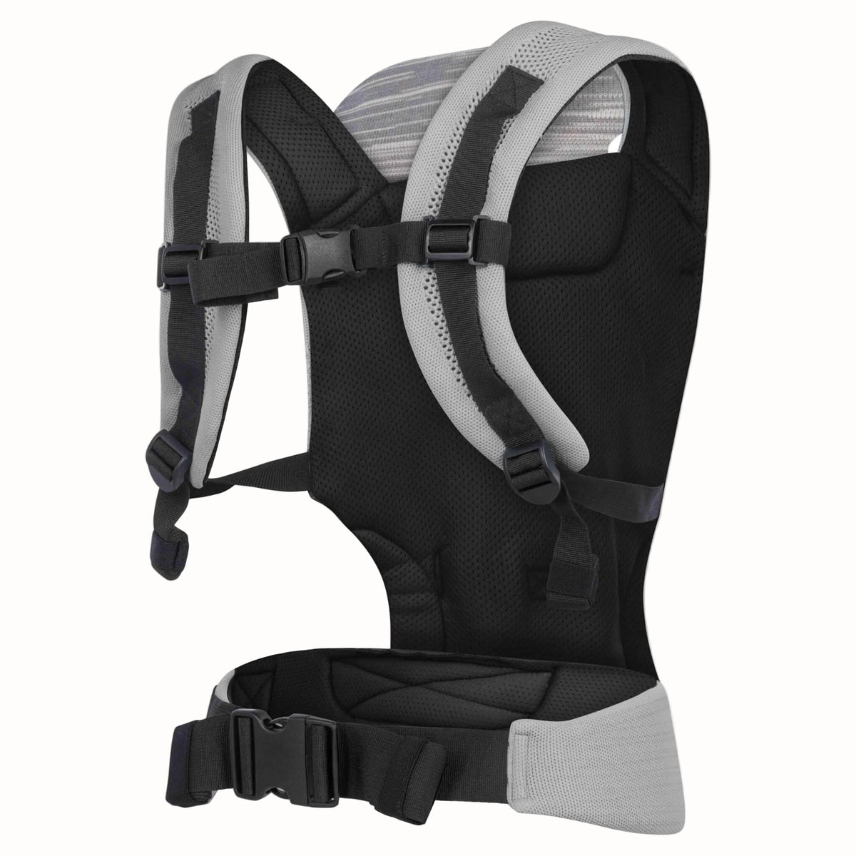 Rear view of a grey baby carrier showing padded shoulder straps, adjustable back strap and wide waist belt.