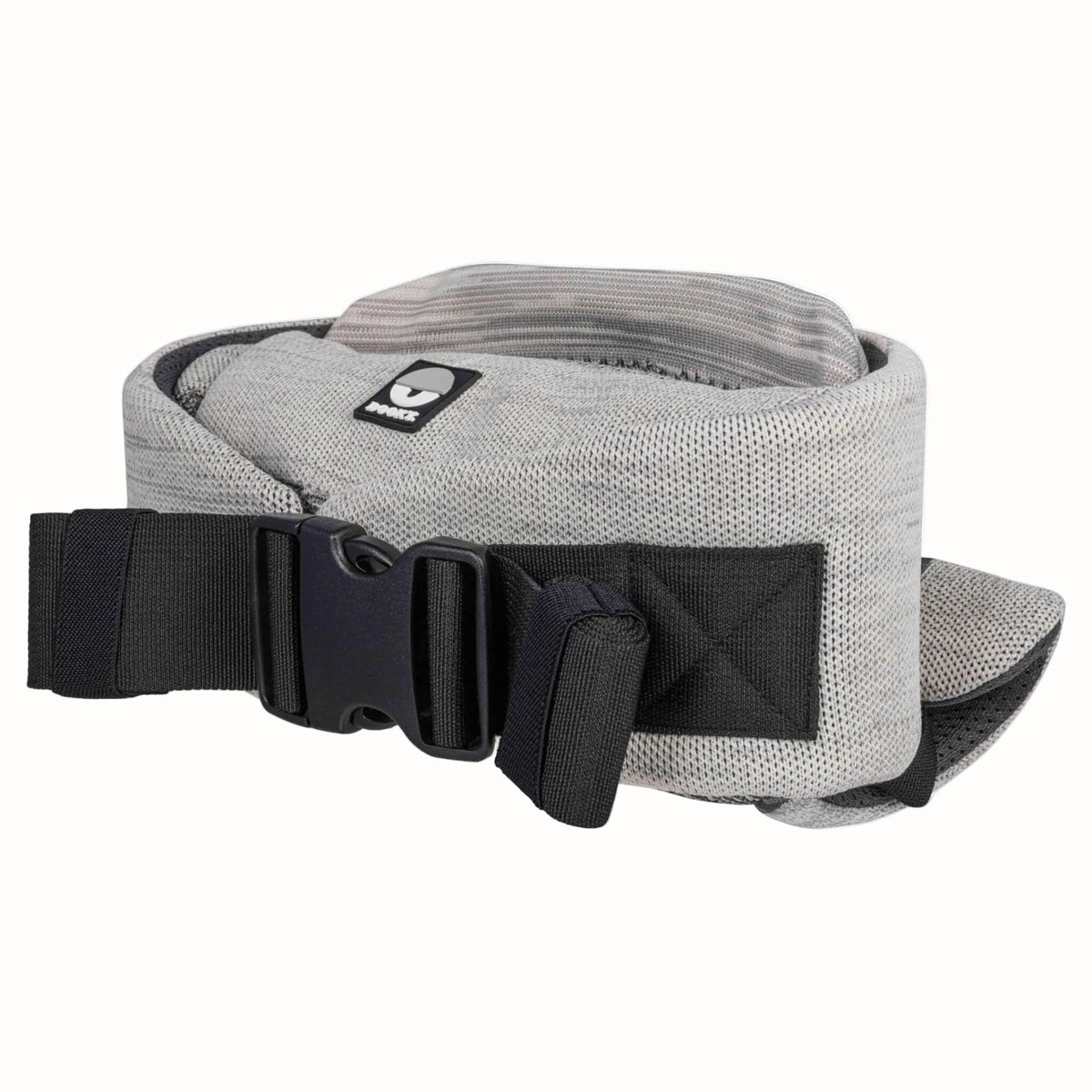 Close-up of a padded grey baby carrier waist belt with adjustable black buckle fastening.