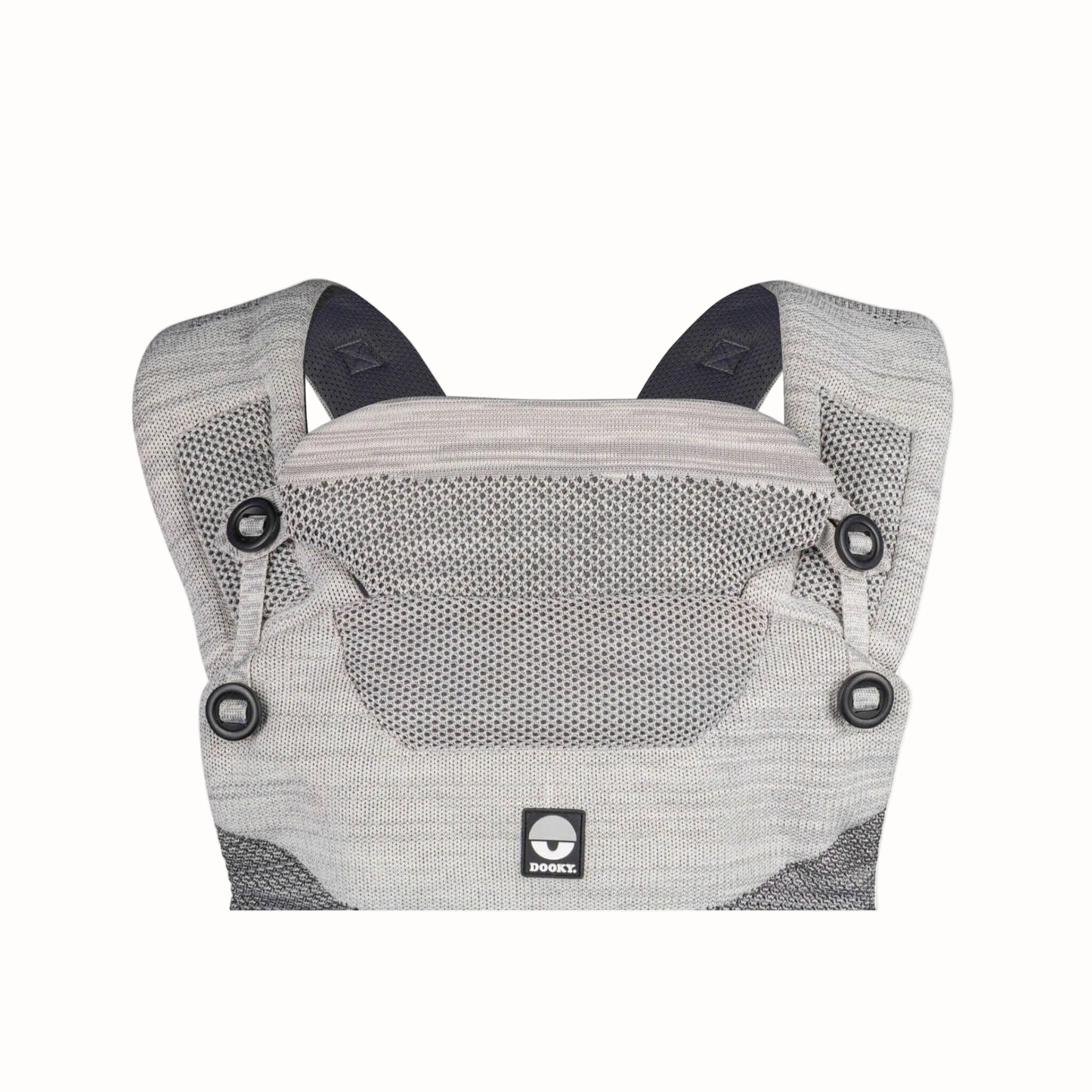 Close-up of a grey baby carrier with the head support raised, showing breathable mesh panels and adjustable fastenings.