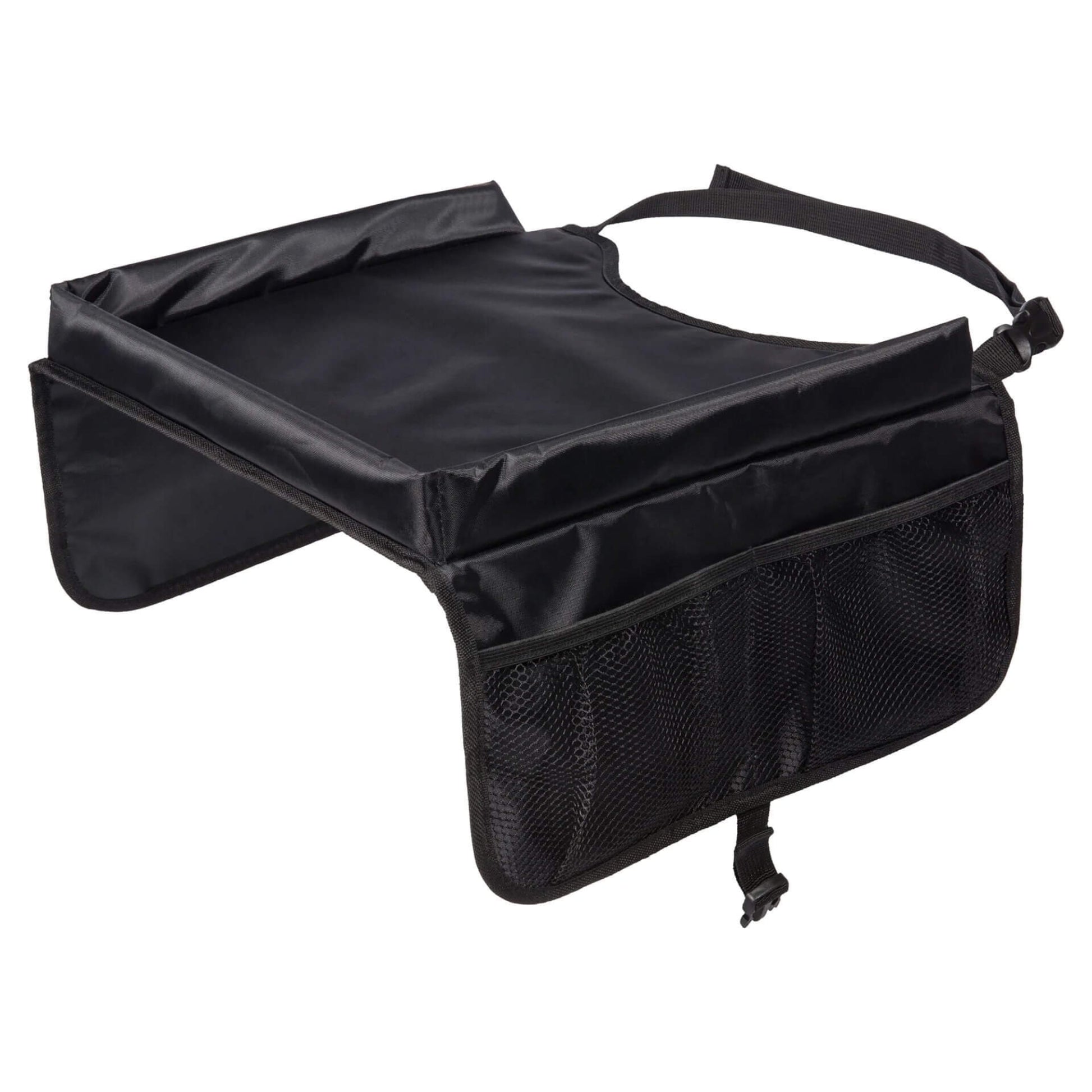 Dooky Travel Table with raised edges, side mesh pockets, and adjustable strap, designed for use in car seats to keep activities organised on the go.