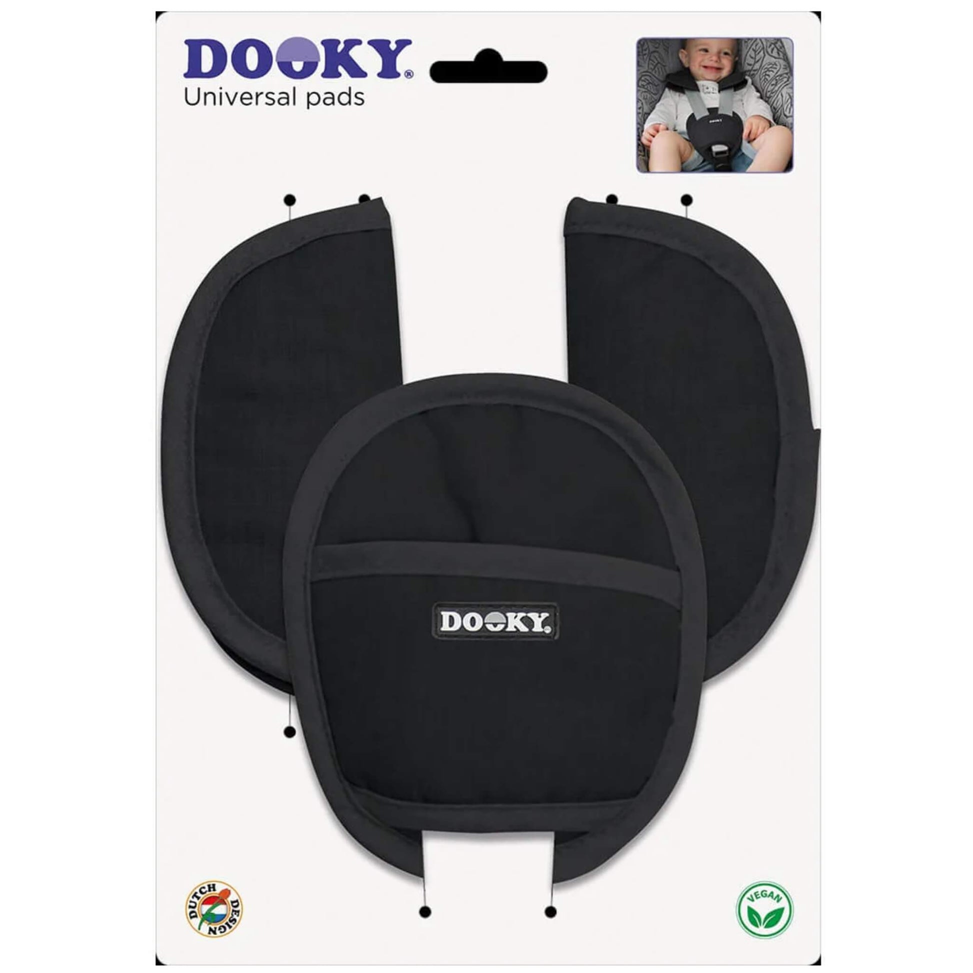 Black universal pads in retail packaging with a small inset image of a baby using them in a car seat.