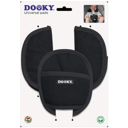 Black universal pads in retail packaging with a small inset image of a baby using them in a car seat.