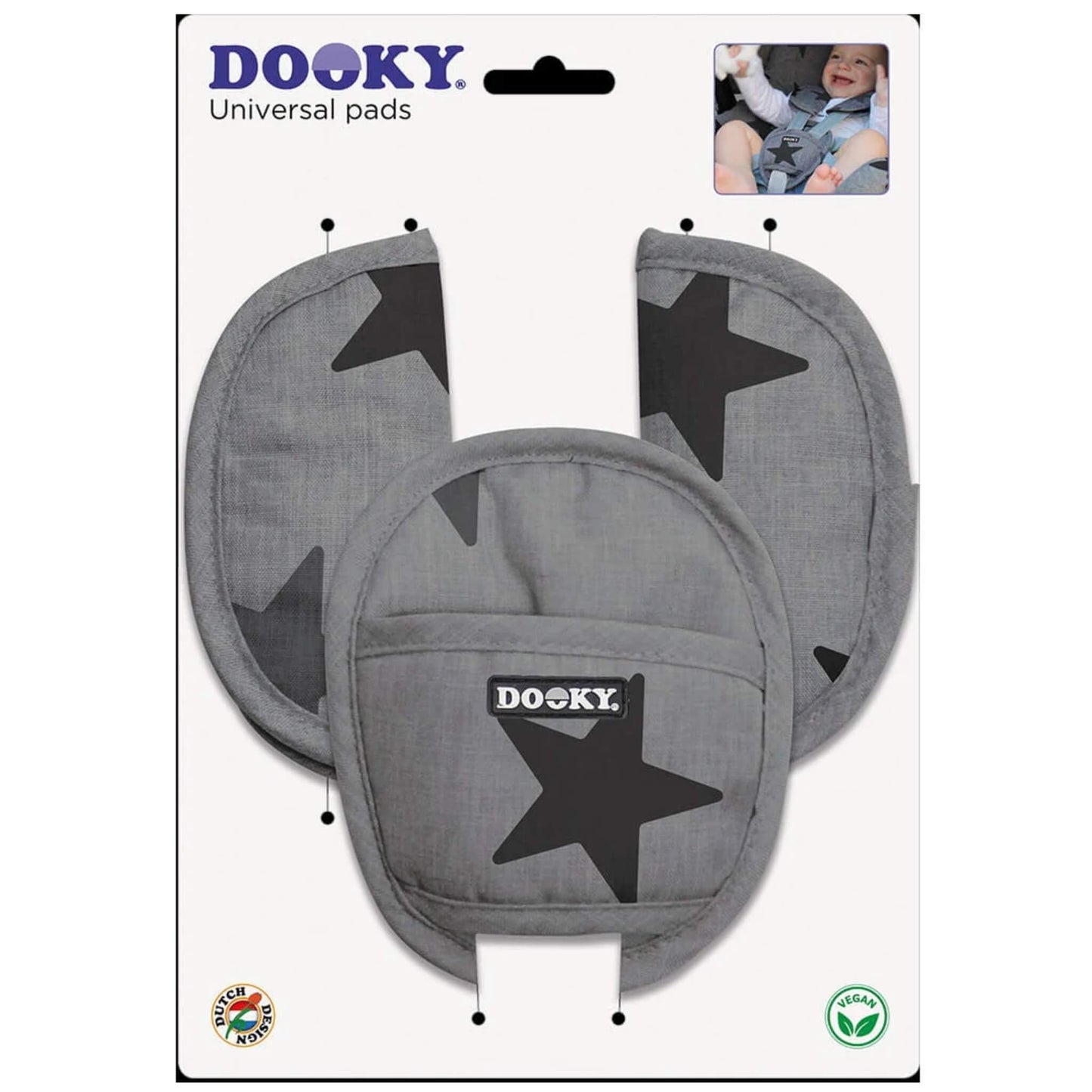Grey star-patterned universal pads in retail packaging with a small inset image of a baby using them in a car seat.