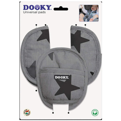 Grey star-patterned universal pads in retail packaging with a small inset image of a baby using them in a car seat.