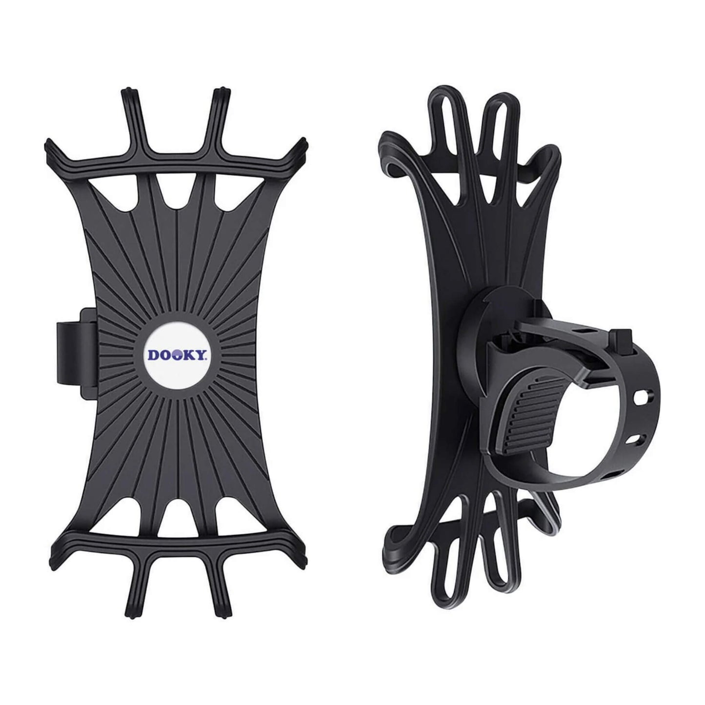 A Dooky Universal Phone Holder in black with a flexible silicone grip and adjustable strap for strollers, bikes, and trolleys.
