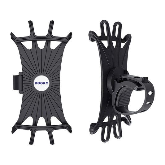 A Dooky Universal Phone Holder in black with a flexible silicone grip and adjustable strap for strollers, bikes, and trolleys.