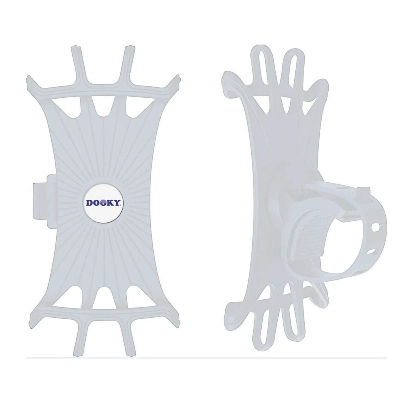 A transparent silicone phone holder with a flexible grip design and adjustable strap viewed from the front and side.
