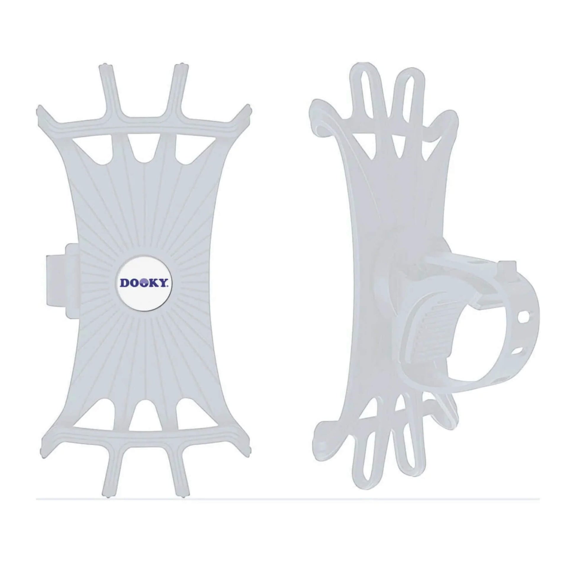 A transparent silicone phone holder with a flexible grip design and adjustable strap viewed from the front and side.