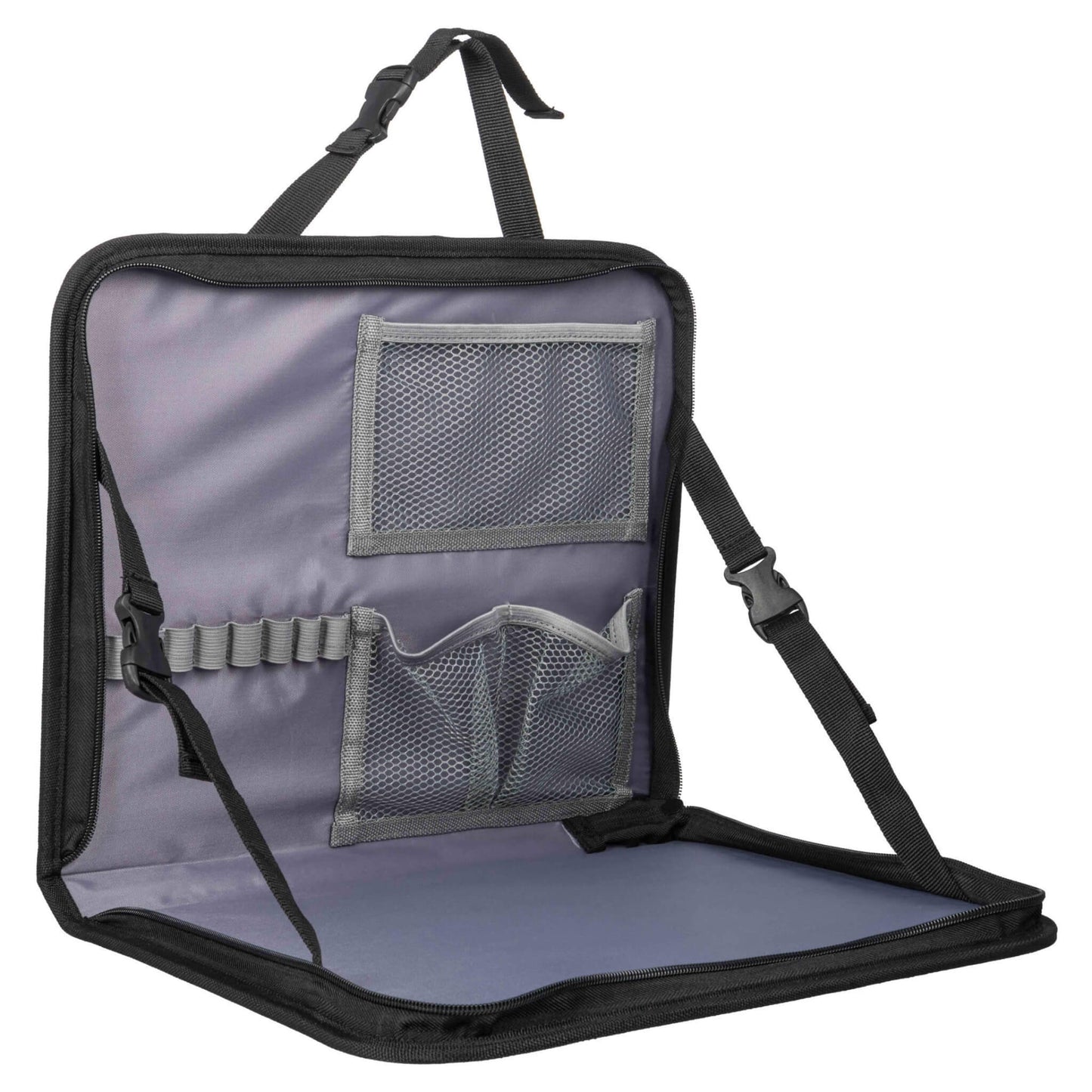 Dooky Back Seat Travel Tray shown folded open with mesh storage pockets and adjustable straps, designed for car journeys and on-the-go creativity.