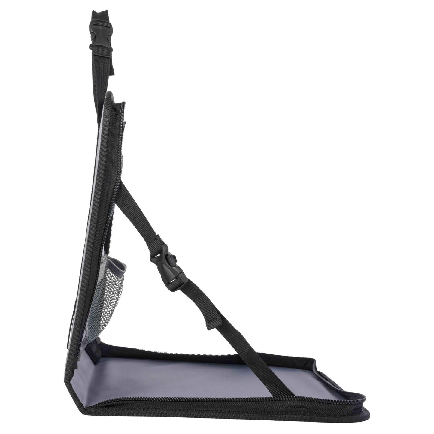 A side profile of a foldable back seat travel tray showing the slim structure, angled tray, and adjustable support straps.