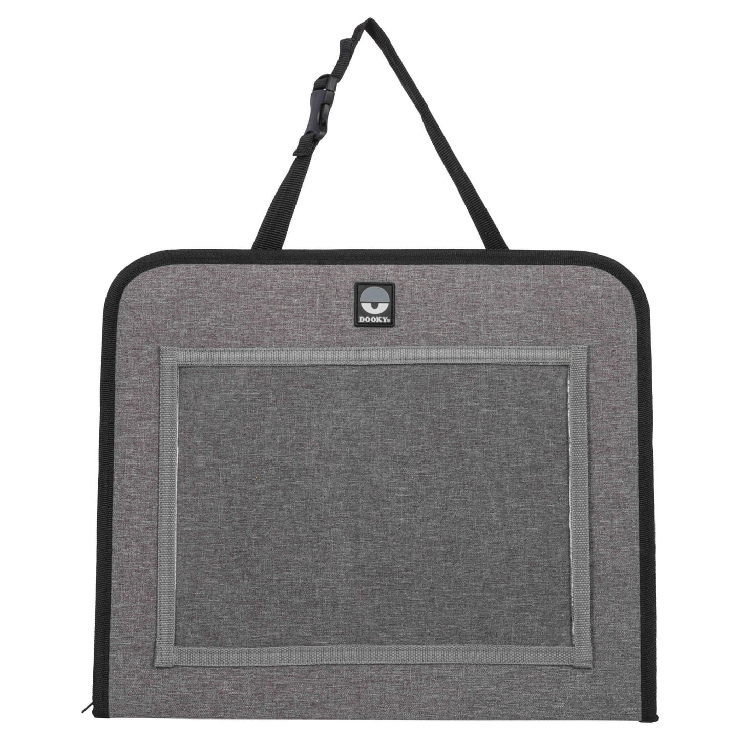 A front-facing view of the Dooky Back Seat Travel Tray laid flat, showing its grey fabric design with a large clear tablet pocket and carry strap looped over the top.