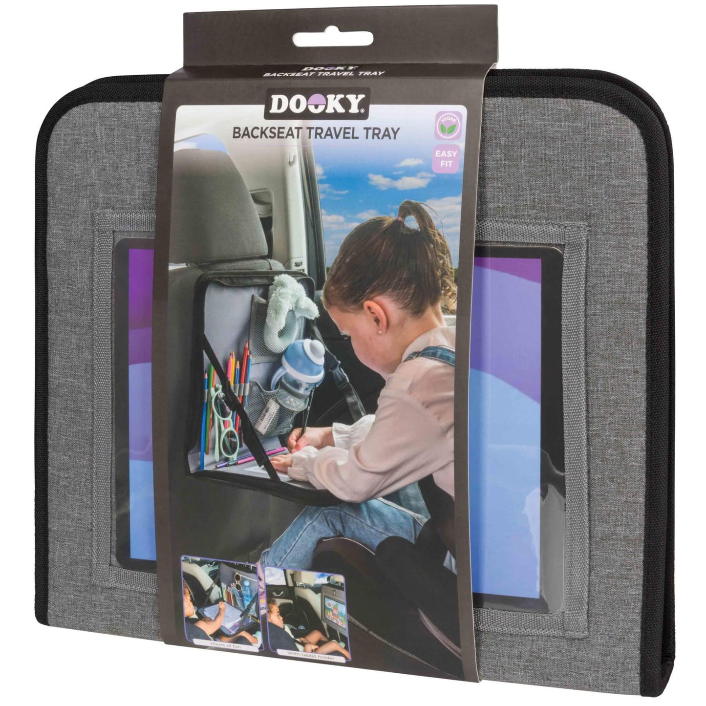 A close-up of the retail packaging shows the front of the Dooky Back Seat Travel Tray, including branding and a photo of a child using it inside a car.