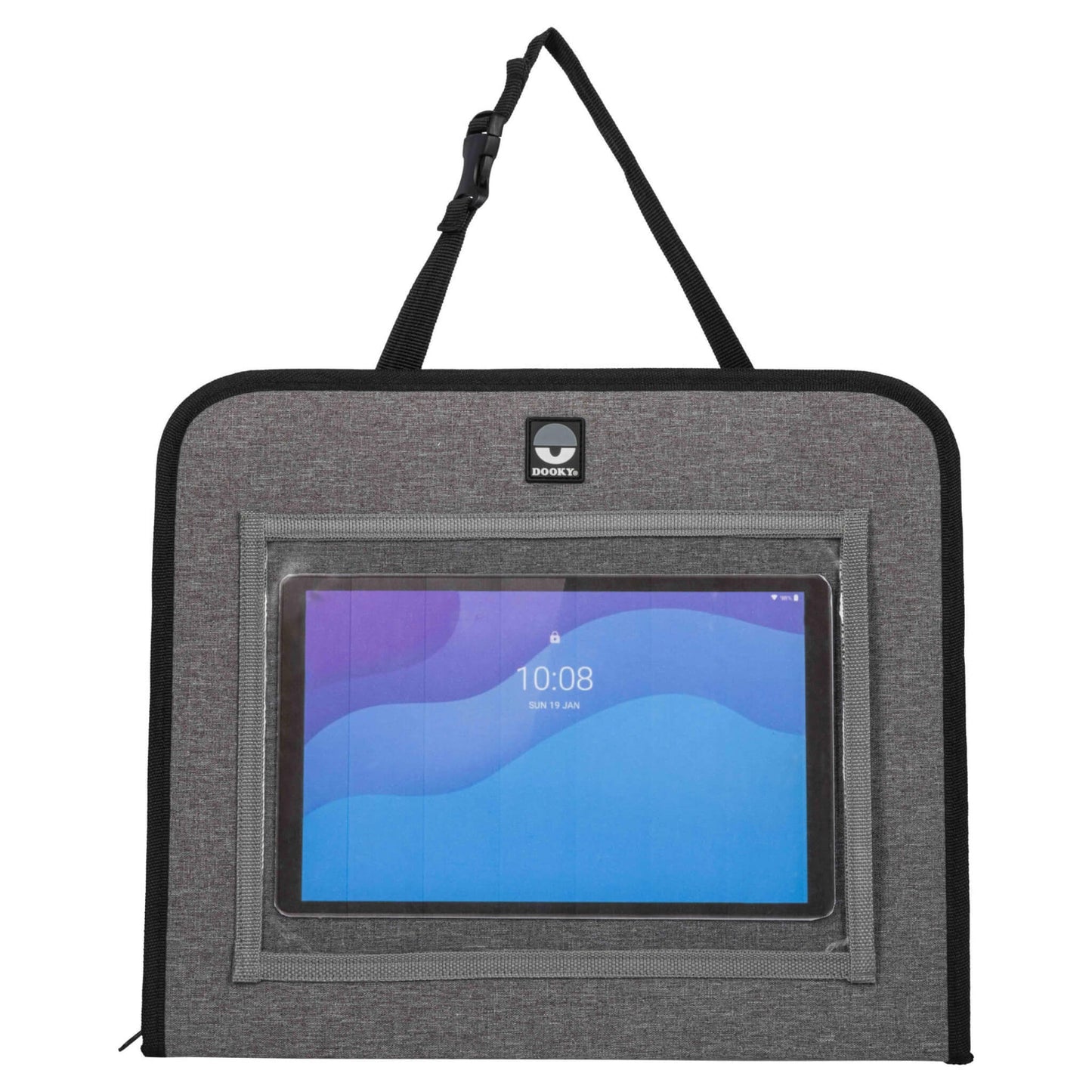 A grey car back seat organiser with a tablet screen displayed behind a clear protective window.