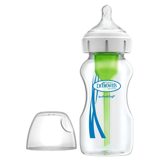 Dr Brown’s 270ml glass baby feeding bottle with green internal anti-colic vent and clear cap on a white background.