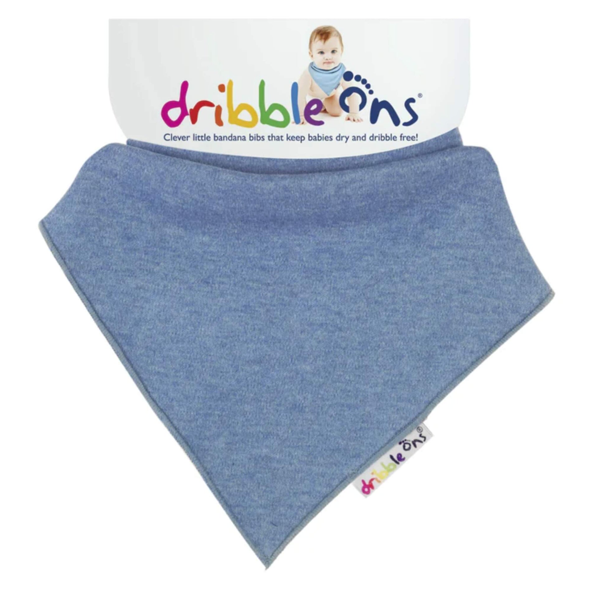 Dribble Ons Bandana Bib shown in a denim blue fabric with a soft absorbent finish and a neat triangular bandana shape, displayed on branded packaging.