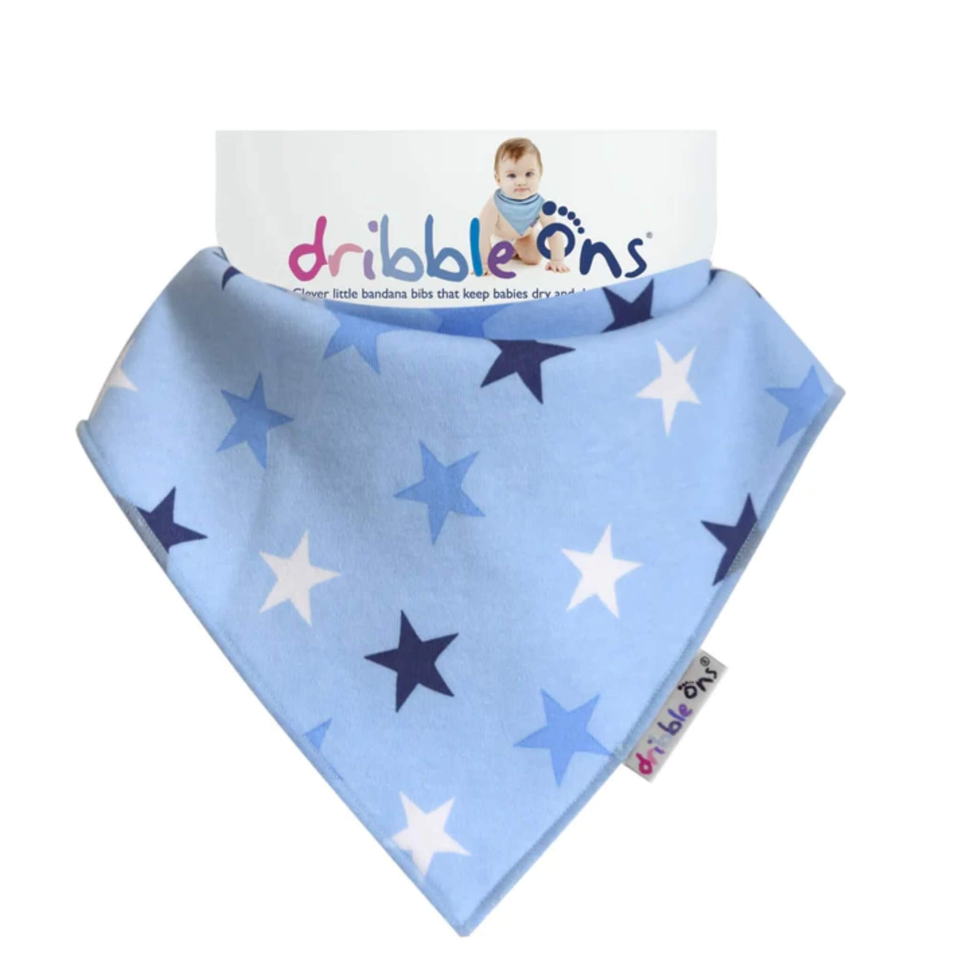 Baby bib with star pattern on a light blue background, featuring the 'dribble ons' brand.