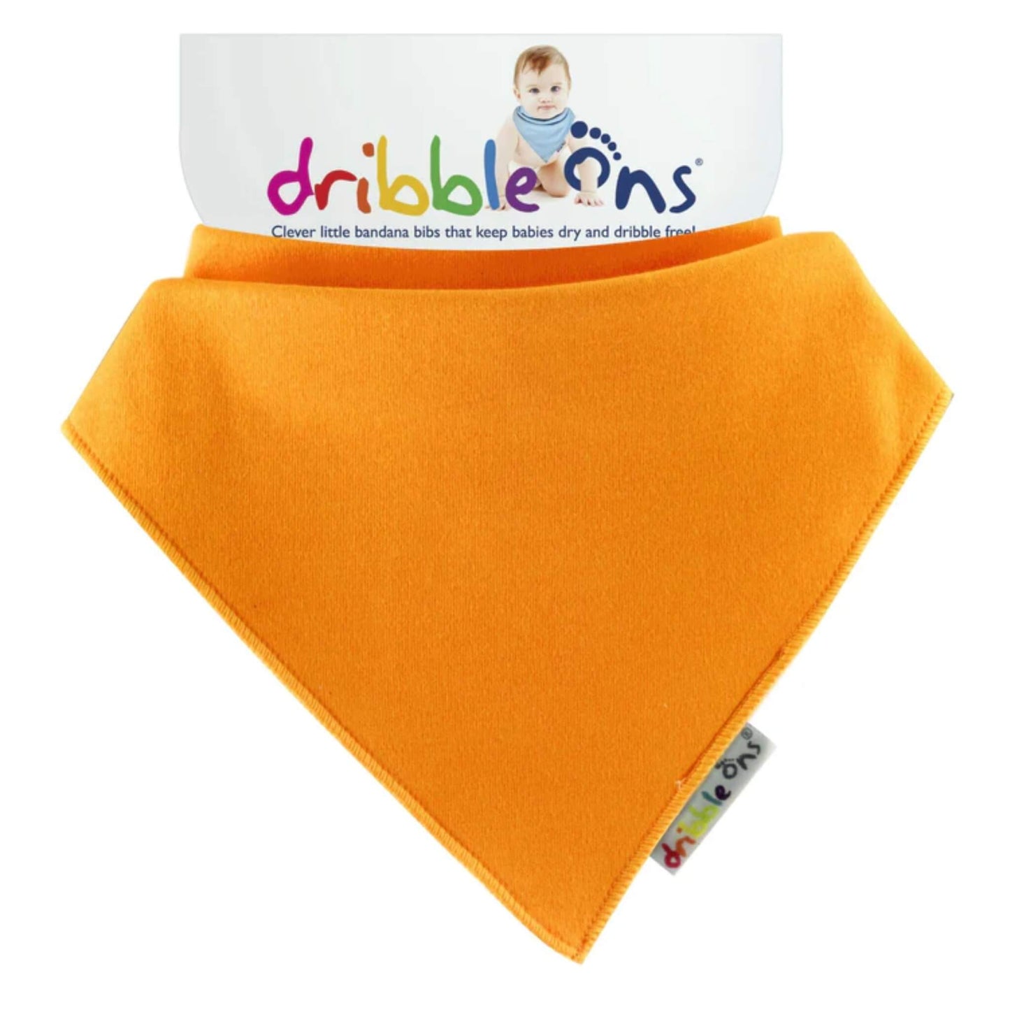 Orange baby bib with 'dribble ons' packaging on a white background