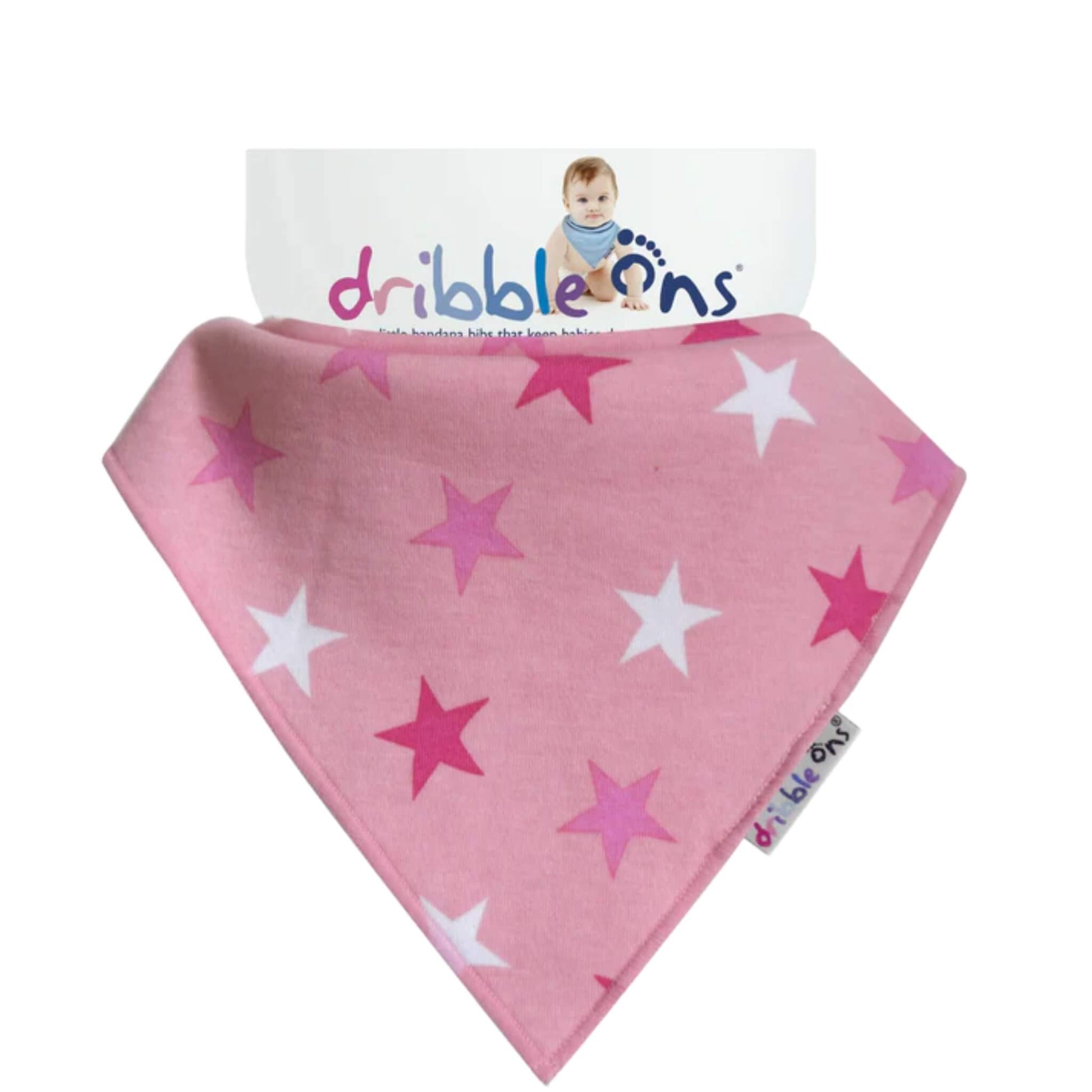 Pink bandana bib with star pattern on a white background, featuring the 'dribble ons' brand.