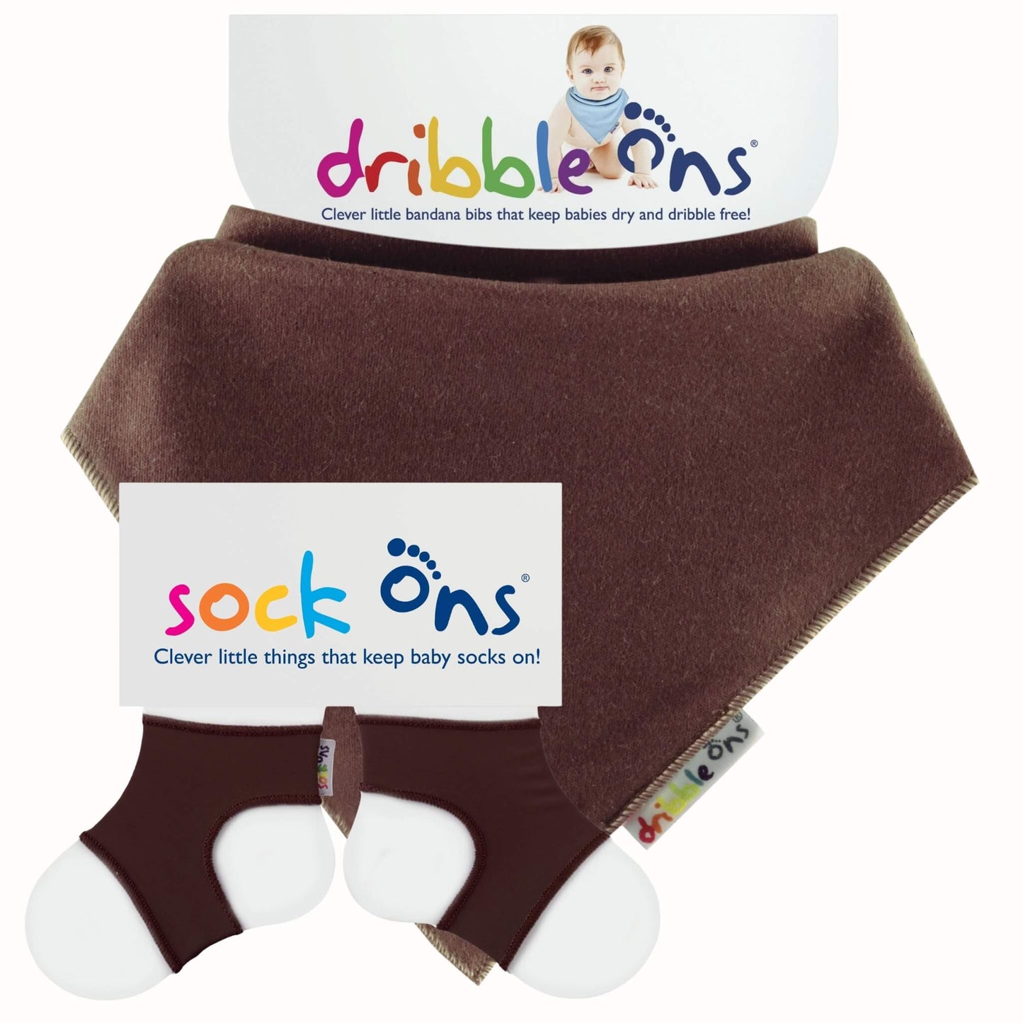 Dribble Ons and Sock Ons Bundle in brown with matching bandana bib and baby sock holders.
